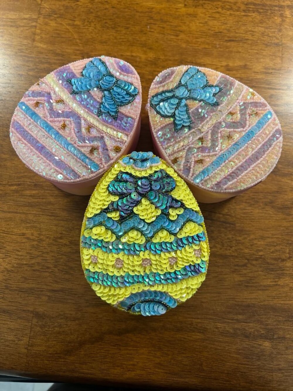 Three Satin And Sequin Easter Egg Boxes
